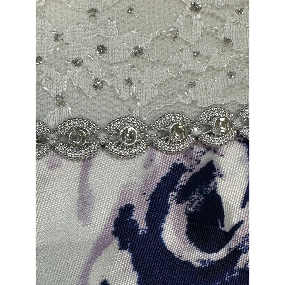 Floral High Low Dress White Lace Beaded Bodice Blue Satin Skirt Size 10 Formal